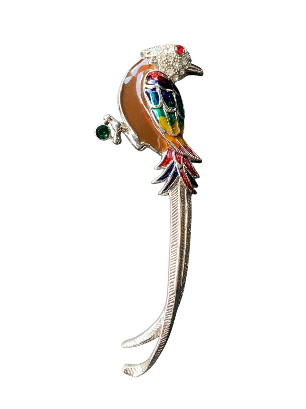 Colorful Parrot Long Tail Silver Brooch - Multicolor Enamel & Rhinestones